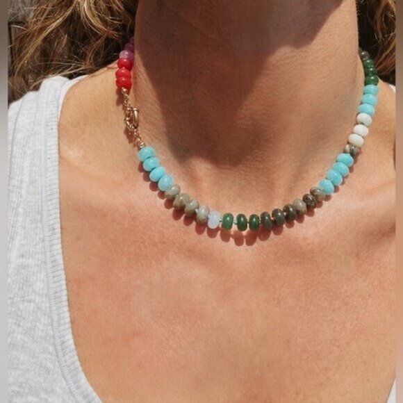 Chunky Beaded Choker waterproof Gold Charm Clasp Colorful Gemstone Necklace CUTE - Picture 3 of 12